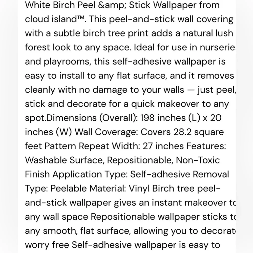 CLOUD ISLAND NWT White birch peel & stick wallpaper